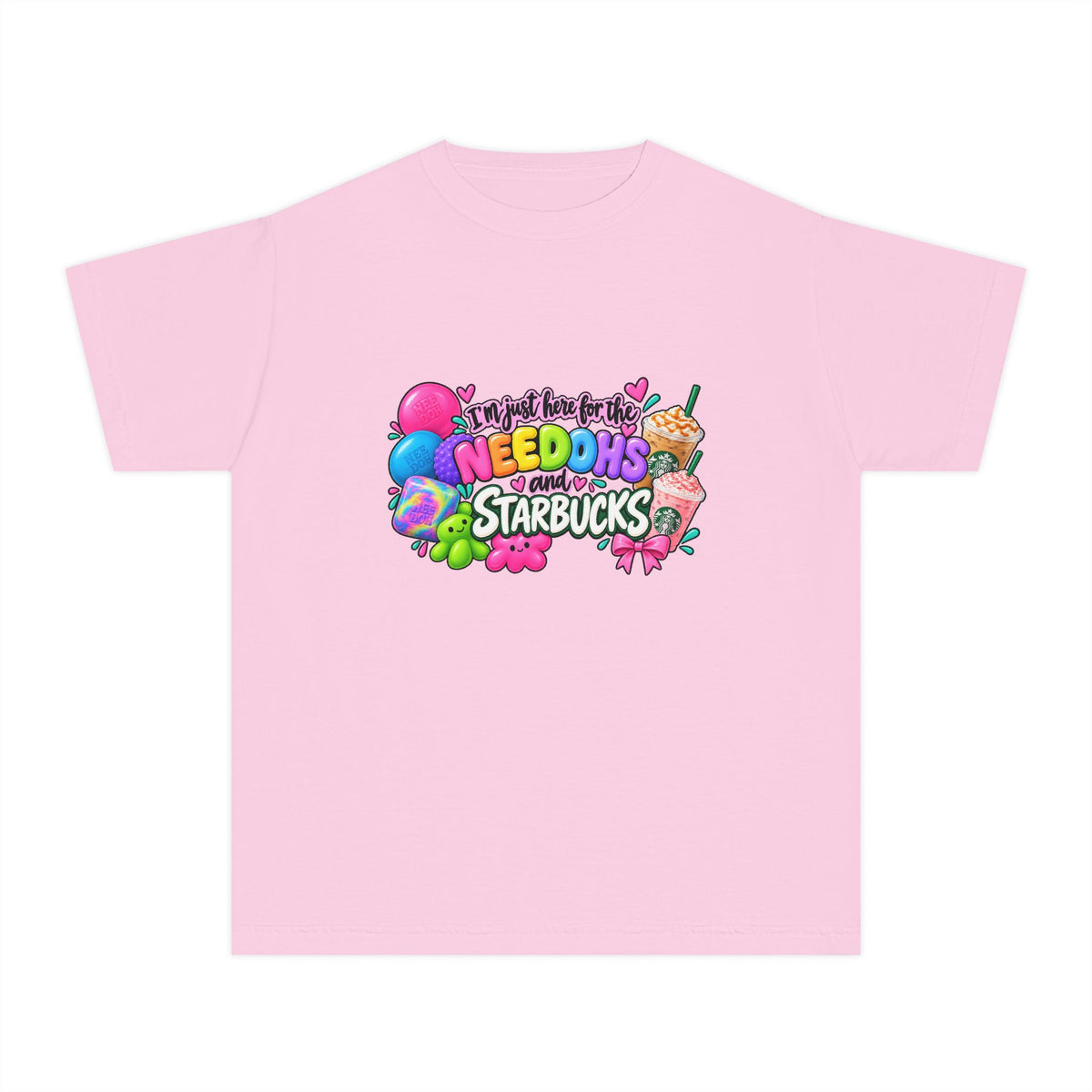 Youth Tee — "Im just here for the NeeDohs and Starbucks" Cute Pastel Graphic
