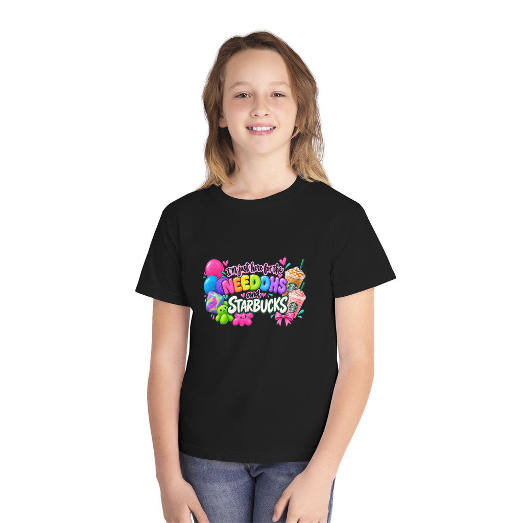 Youth Tee — "Im just here for the NeeDohs and Starbucks" Cute Pastel Graphic