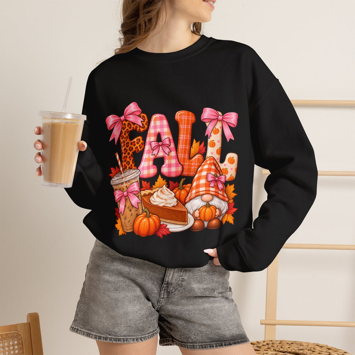 Fall Gnome Crewneck Sweatshirt — Cute Pumpkin & Plaid Autumn Design