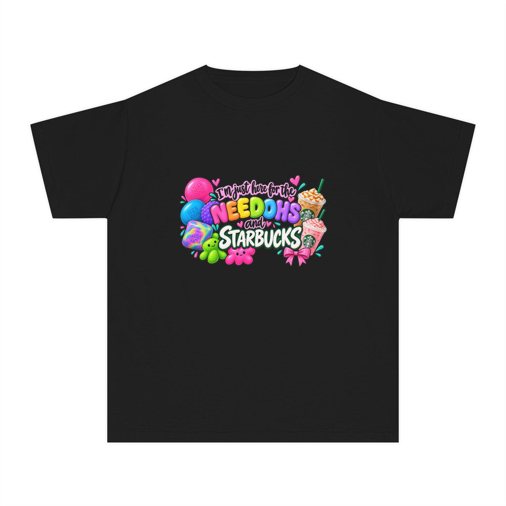 Youth Tee — "Im just here for the NeeDohs and Starbucks" Cute Pastel Graphic