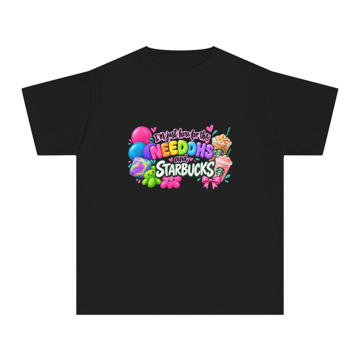 Youth Tee — "Im just here for the NeeDohs and Starbucks" Cute Pastel Graphic