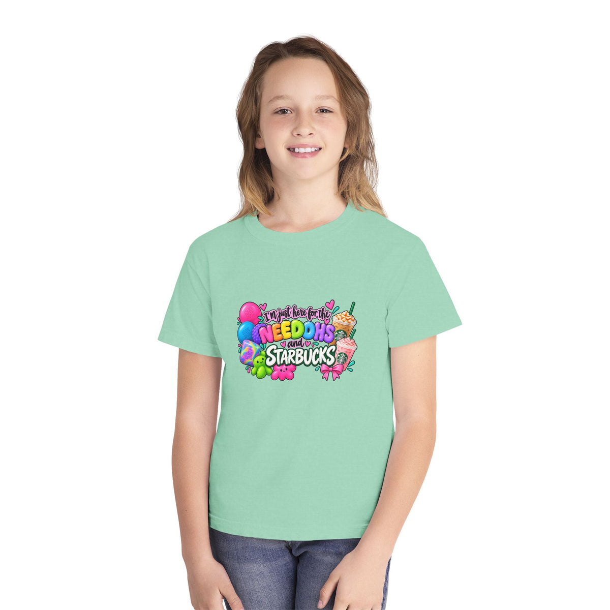 Youth Tee — "Im just here for the NeeDohs and Starbucks" Cute Pastel Graphic