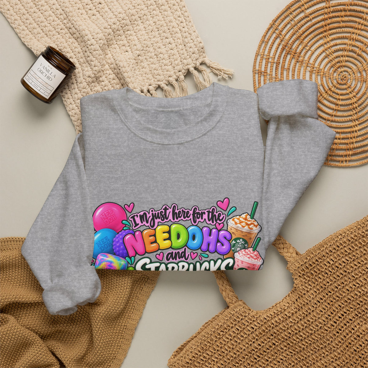 Crewneck Sweatshirts "I'm here for the Needohs and Starbucks' Colorful Graphic