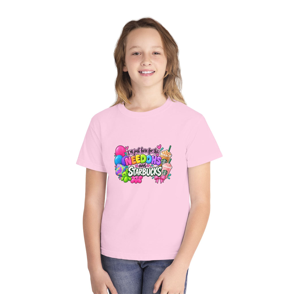 Youth Tee — "Im just here for the NeeDohs and Starbucks" Cute Pastel Graphic