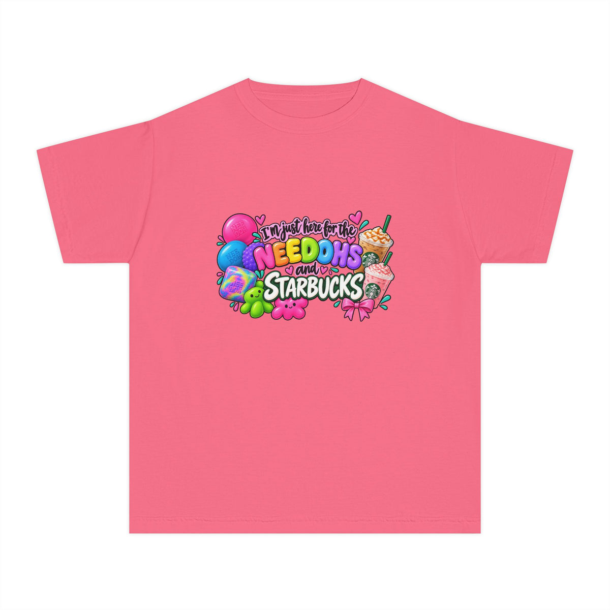 Youth Tee — "Im just here for the NeeDohs and Starbucks" Cute Pastel Graphic