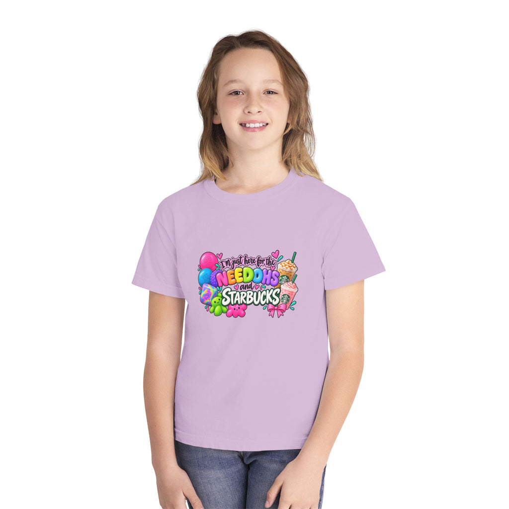 Youth Tee — "Im just here for the NeeDohs and Starbucks" Cute Pastel Graphic