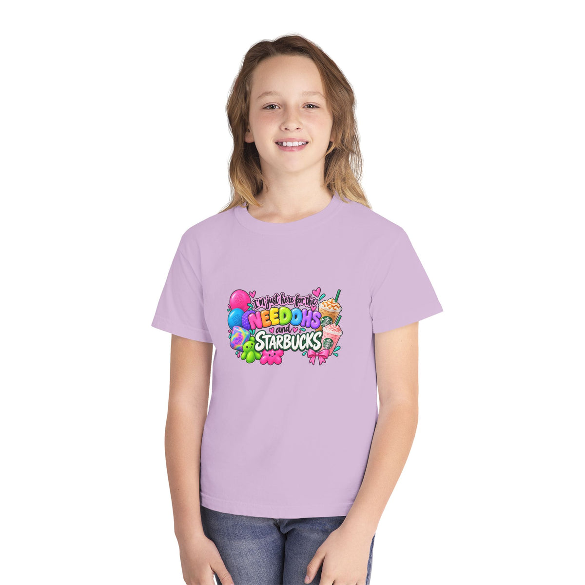 Youth Tee — "Im just here for the NeeDohs and Starbucks" Cute Pastel Graphic