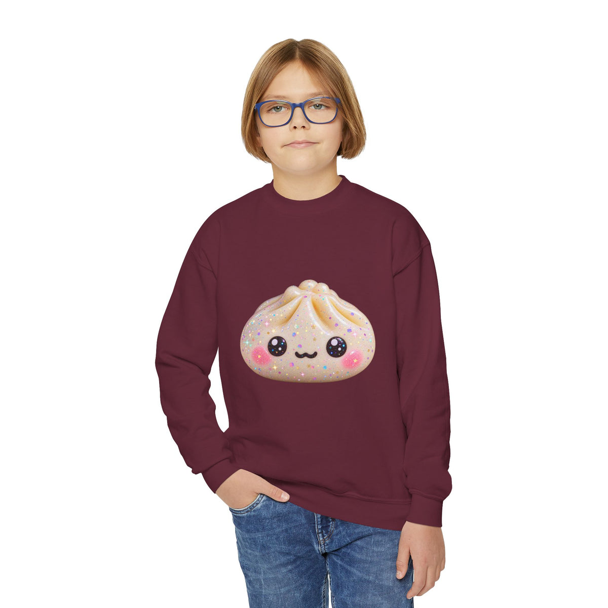 Kawaii Dumpling Youth Sweatshirt — Cute Smiling Bao Crewneck for Kids