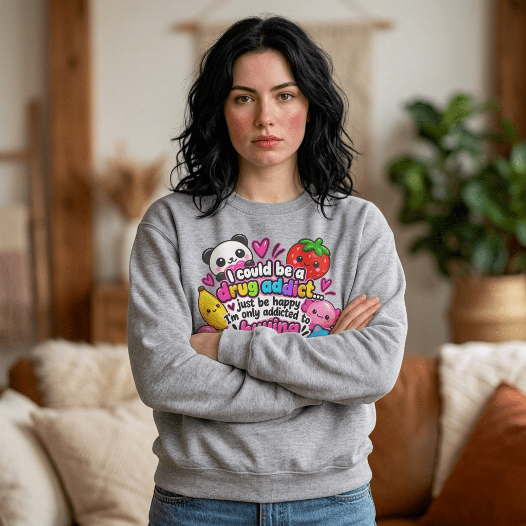 Squishies Crewneck Sweatshirt — "I Could Be a Drug Addict, I'm Only Addicted to Buying Squishies" Cute Kawaii Graphic