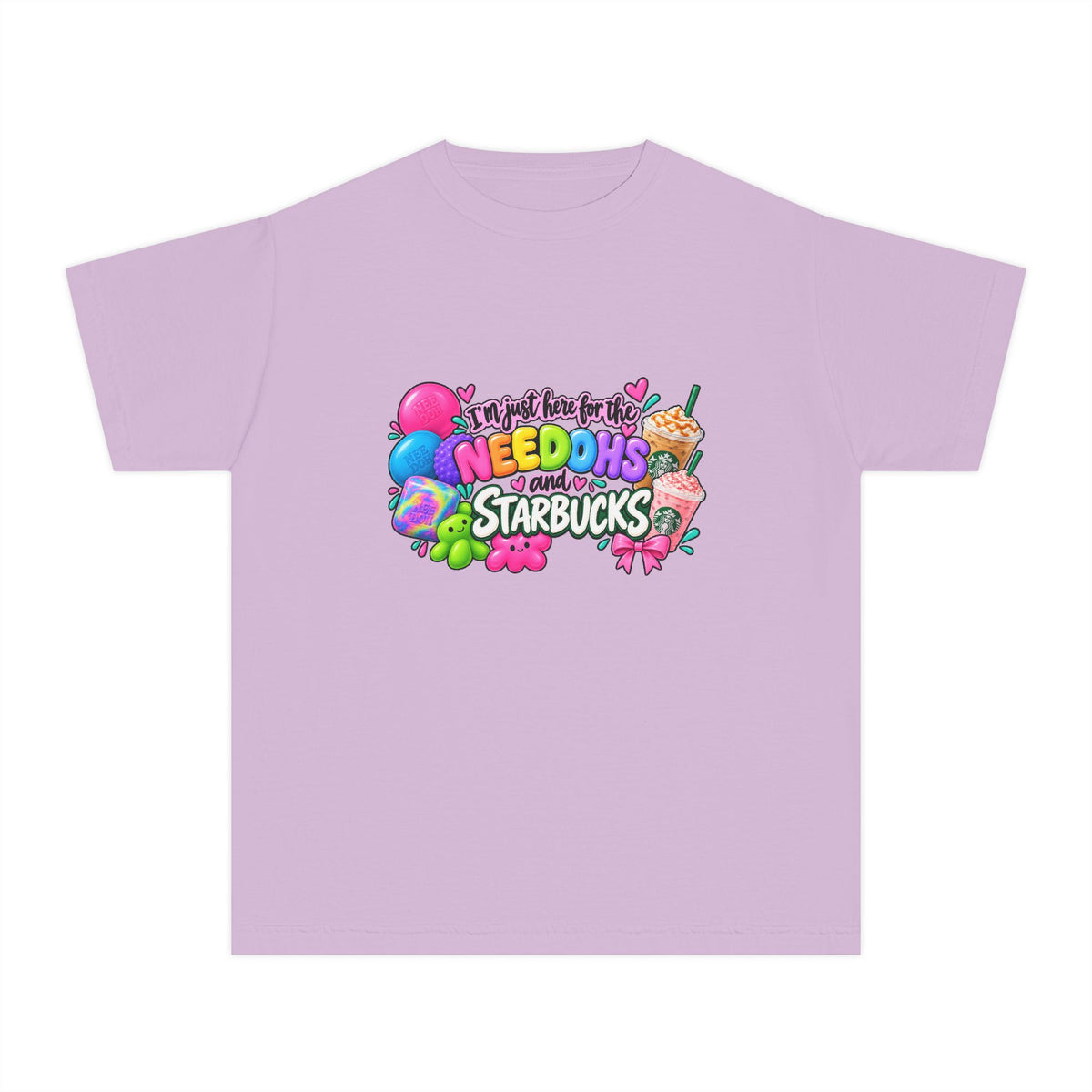 Youth Tee — "Im just here for the NeeDohs and Starbucks" Cute Pastel Graphic
