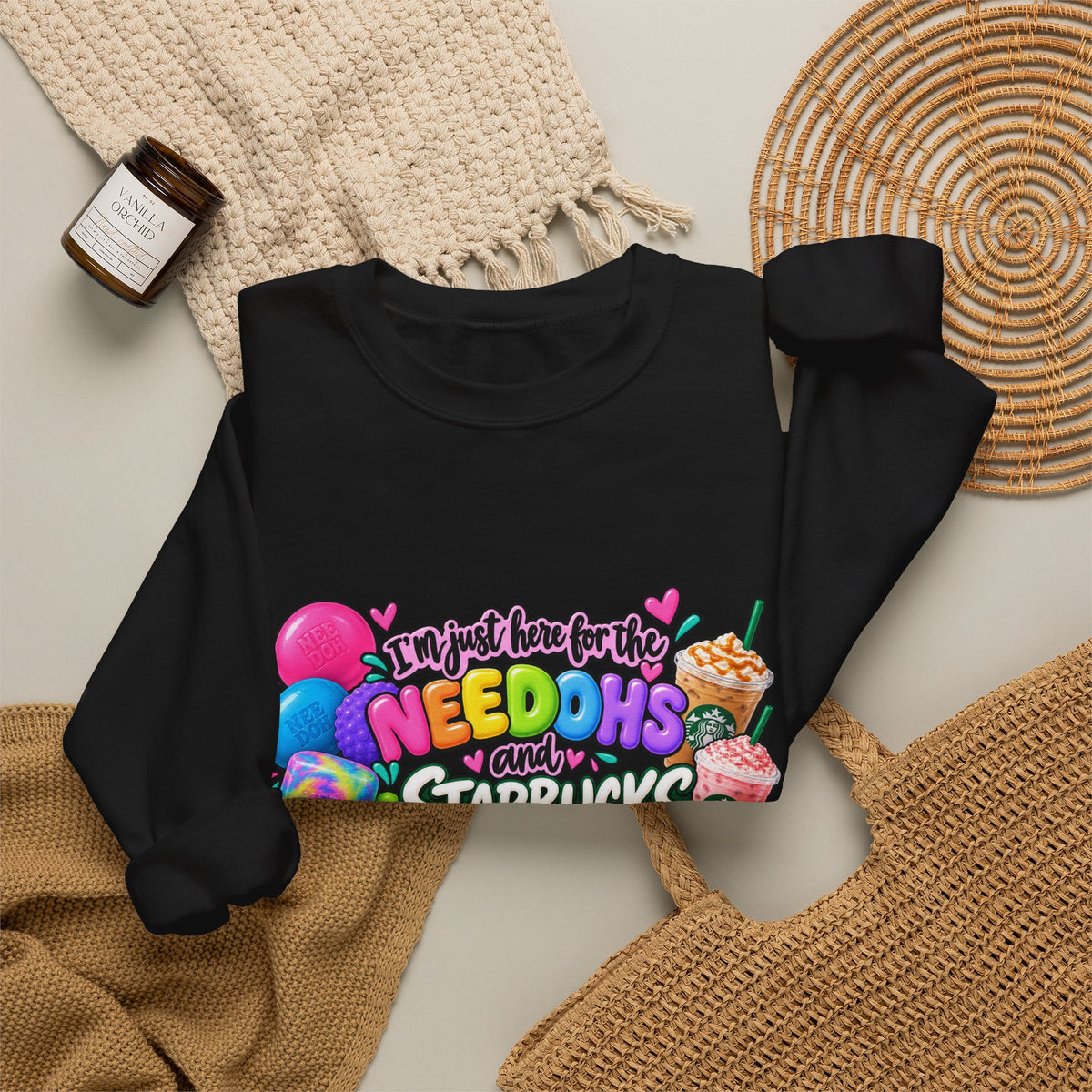 Crewneck Sweatshirts "I'm here for the Needohs and Starbucks' Colorful Graphic
