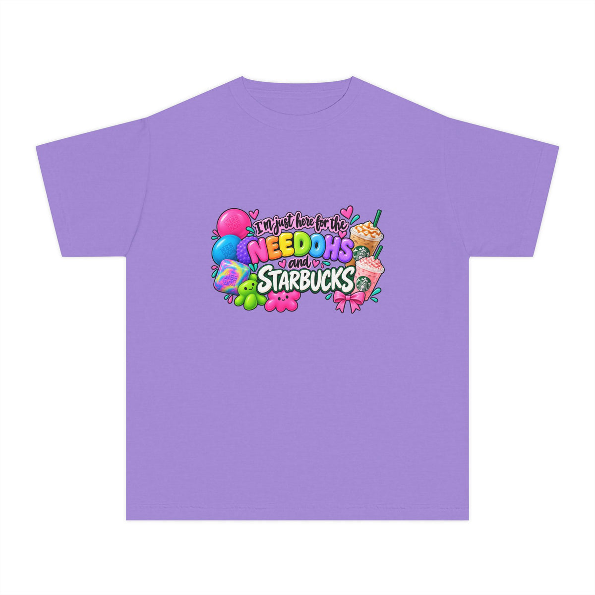 Youth Tee — "Im just here for the NeeDohs and Starbucks" Cute Pastel Graphic