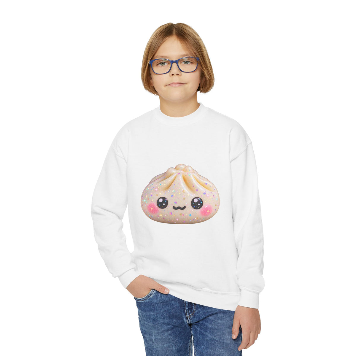 Kawaii Dumpling Youth Sweatshirt — Cute Smiling Bao Crewneck for Kids