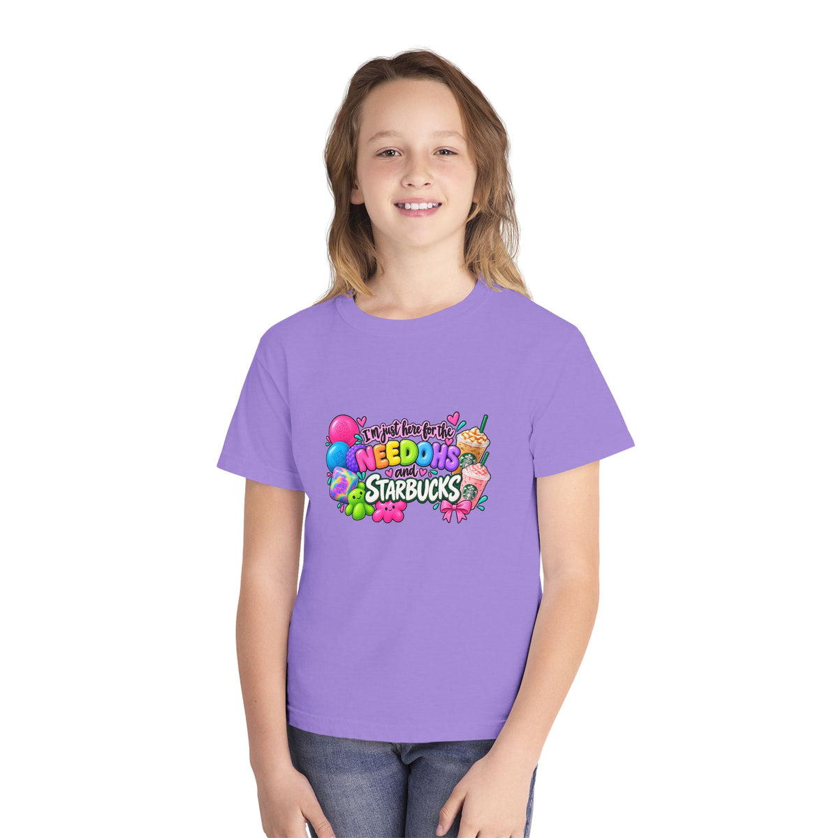 Youth Tee — "Im just here for the NeeDohs and Starbucks" Cute Pastel Graphic
