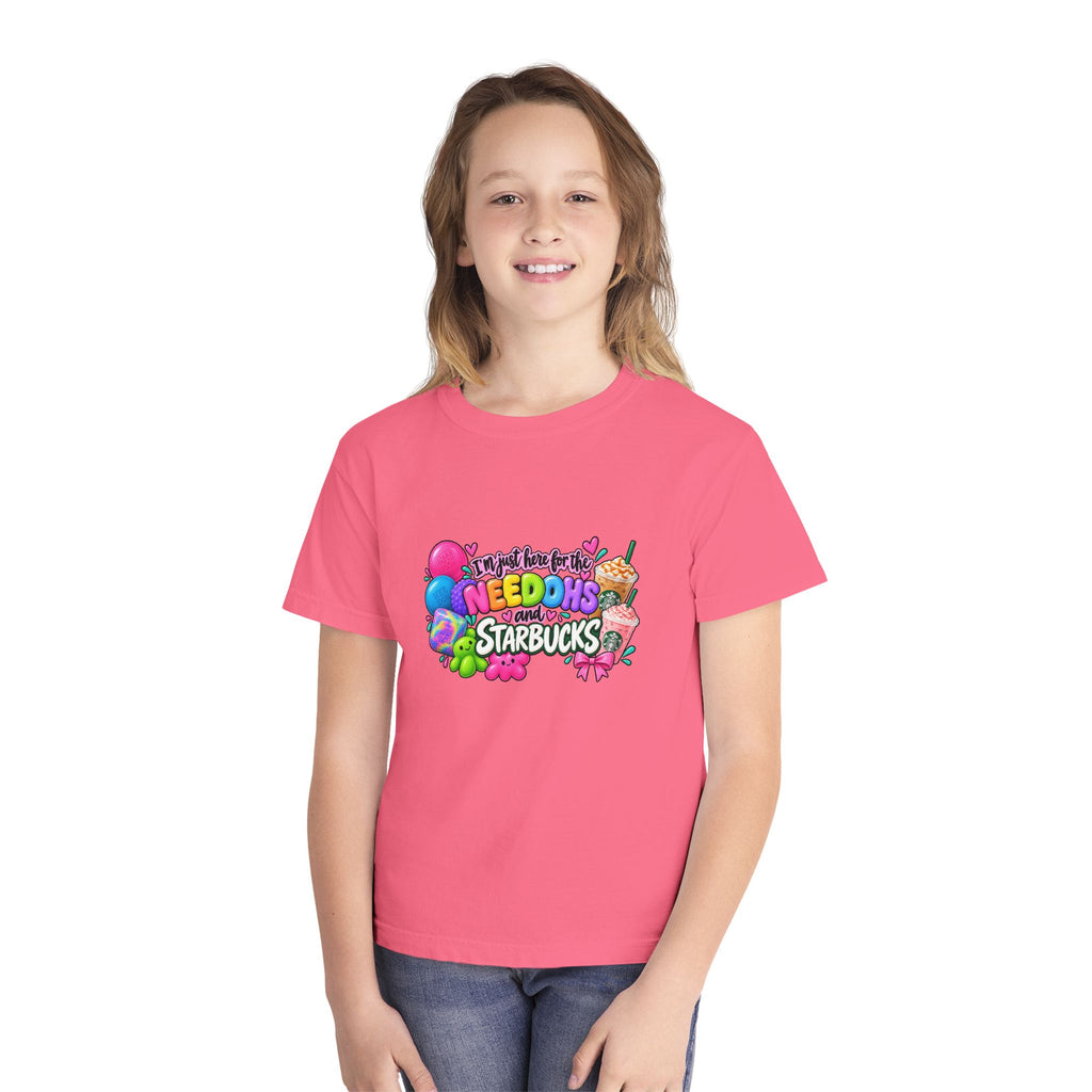 Youth Tee — "Im just here for the NeeDohs and Starbucks" Cute Pastel Graphic