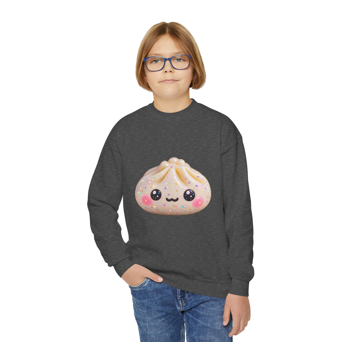 Kawaii Dumpling Youth Sweatshirt — Cute Smiling Bao Crewneck for Kids