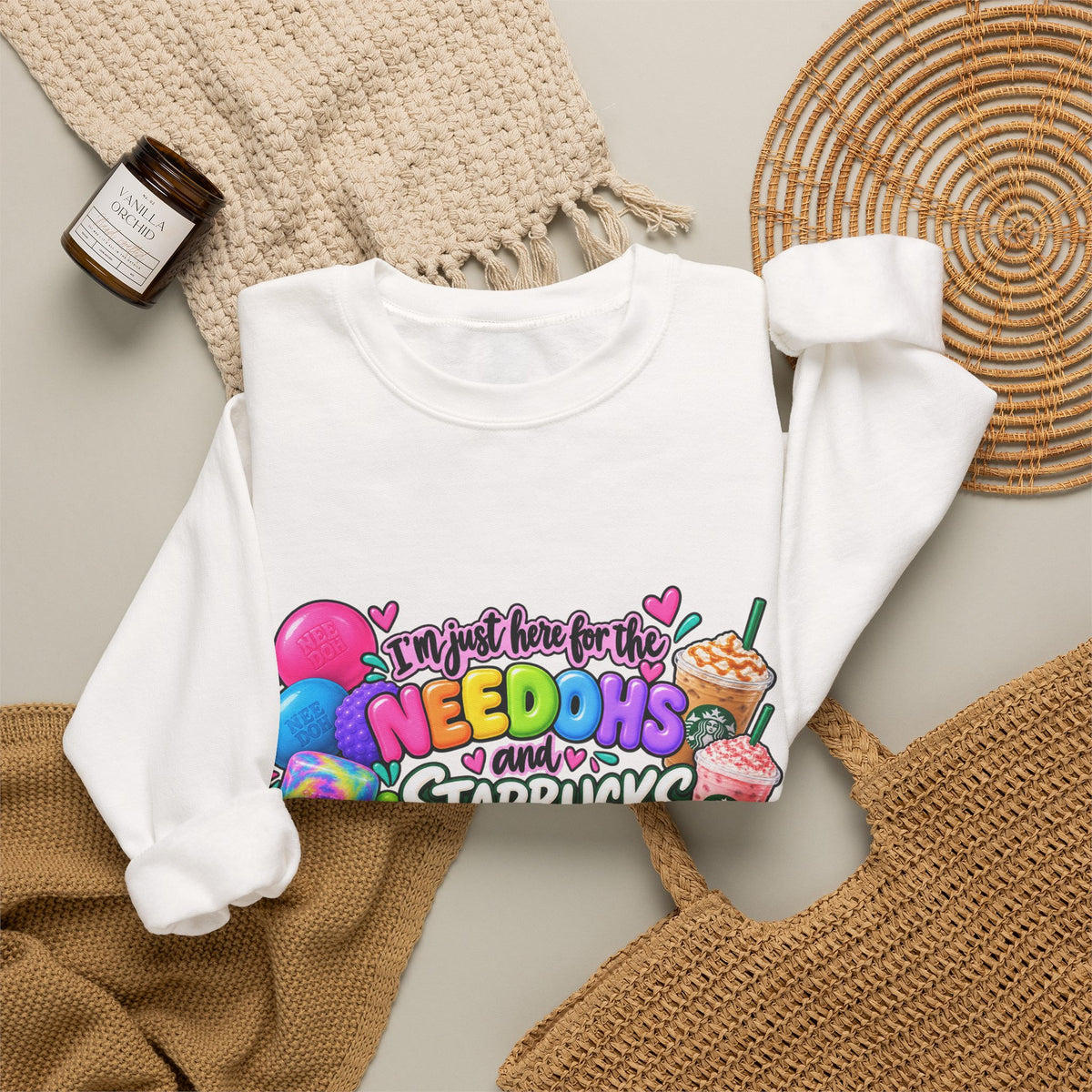 Crewneck Sweatshirts "I'm here for the Needohs and Starbucks' Colorful Graphic