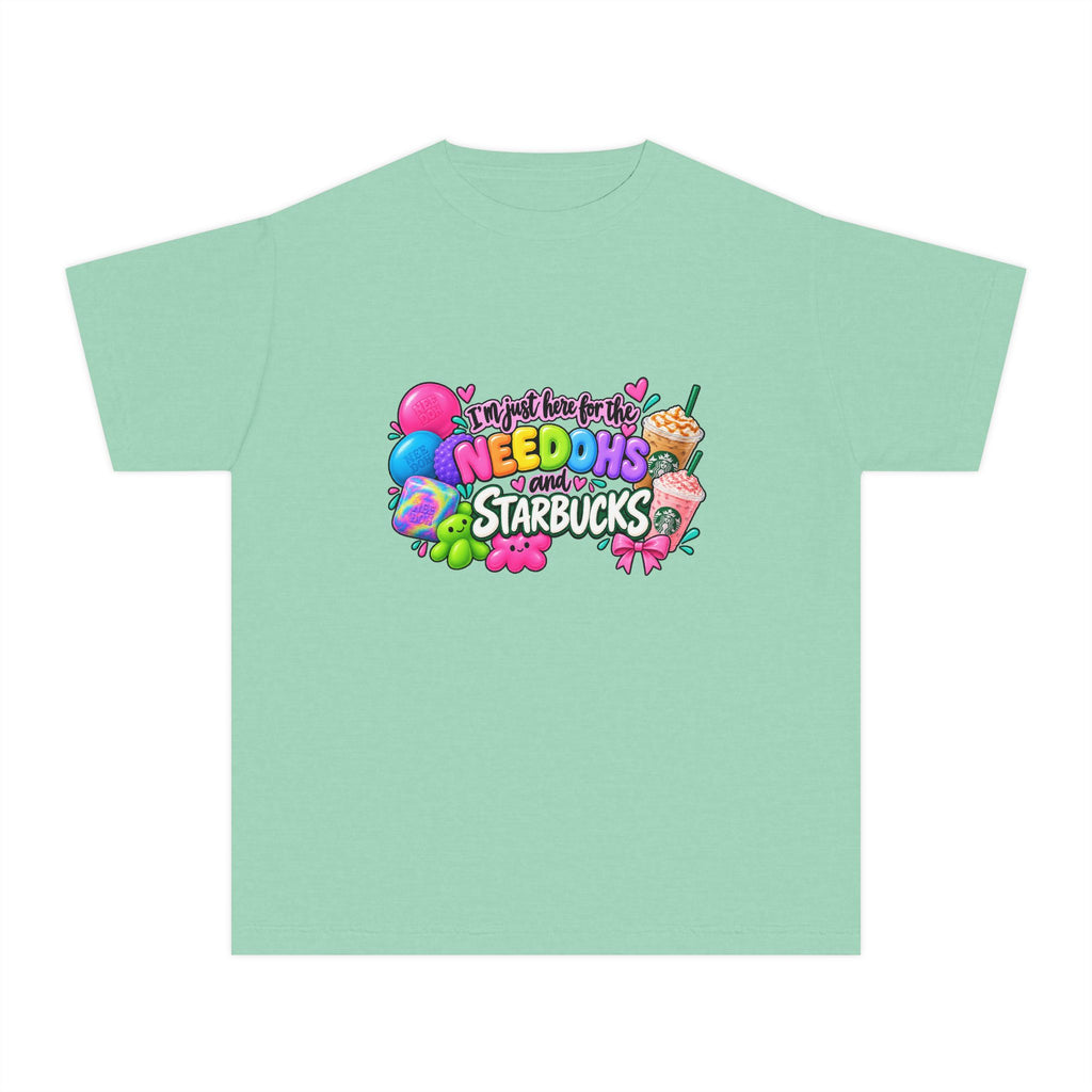 Youth Tee — "Im just here for the NeeDohs and Starbucks" Cute Pastel Graphic
