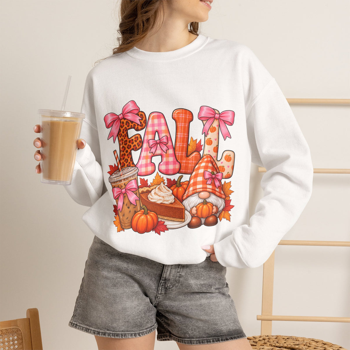 Fall Gnome Crewneck Sweatshirt — Cute Pumpkin & Plaid Autumn Design