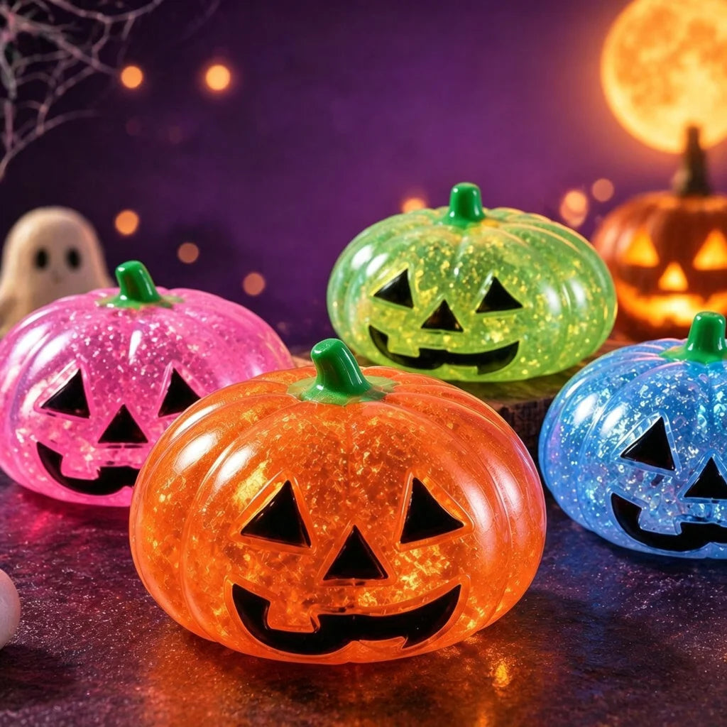 Halloween Squishy 4-Pack | Crystal Ball Ghost, Pumpkin & Frankenstein Squeeze Toys | Party Favors 🎃