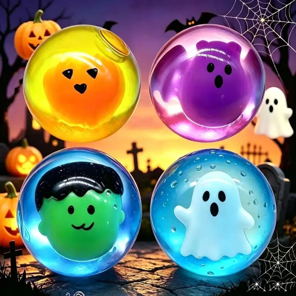 Halloween Squishy 4-Pack | Crystal Ball Ghost, Pumpkin & Frankenstein Squeeze Toys | Party Favors 🎃
