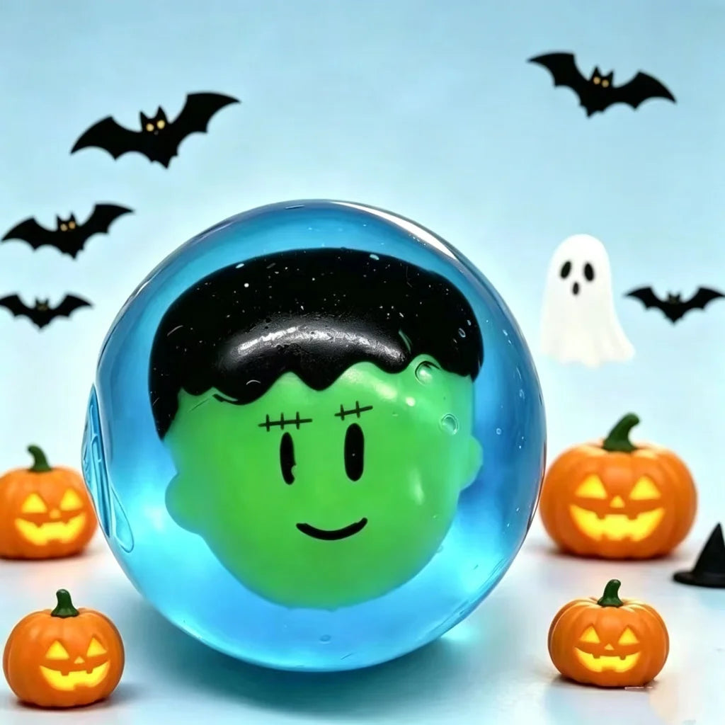 Halloween Squishy 4-Pack | Crystal Ball Ghost, Pumpkin & Frankenstein Squeeze Toys | Party Favors 🎃