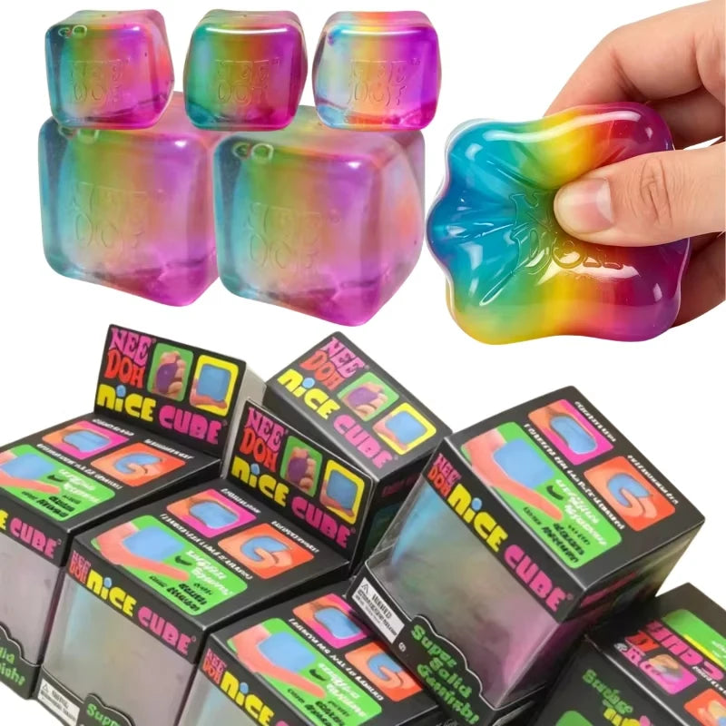 NeeDoh Nice Cube – Transparent Rainbow Squish Fidget Cube