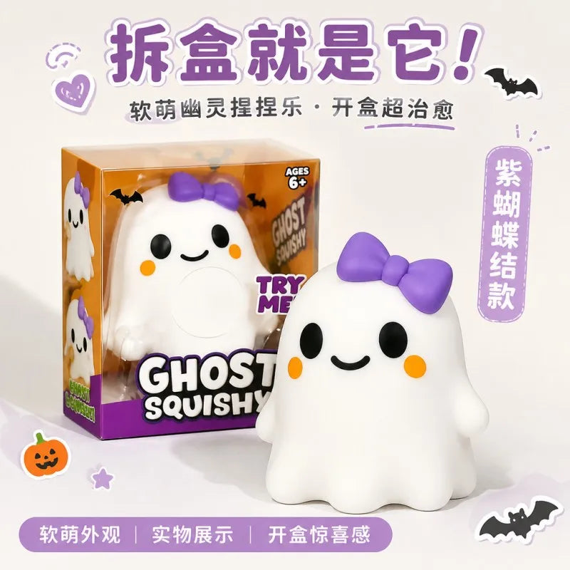 Halloween Ghost Squishy Toy – Cute Purple Bow Slow-Rise Squeeze Fidget
