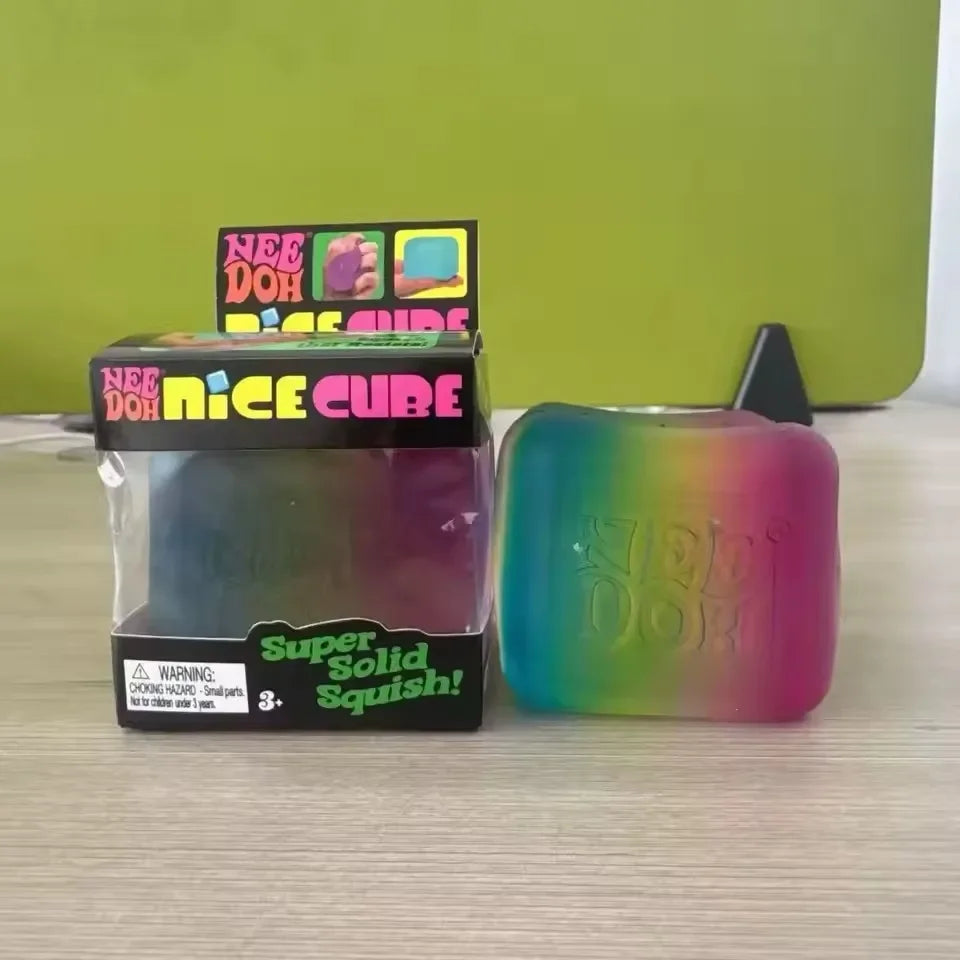 NeeDoh Nice Cube – Transparent Rainbow Squish Fidget Cube