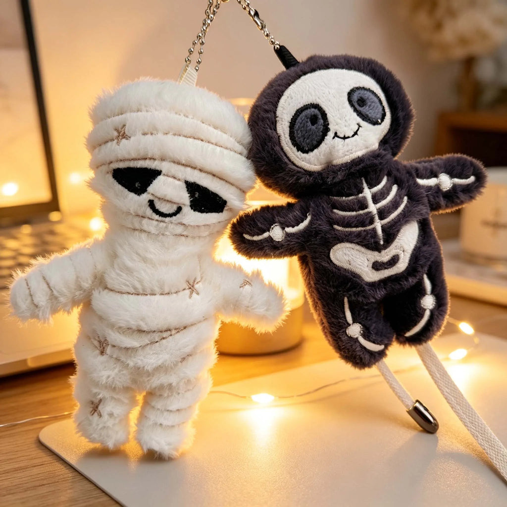 Halloween Skull & Mummy Plush Keychain | Spooky Bag Charm & Holiday Gift 💀🧹