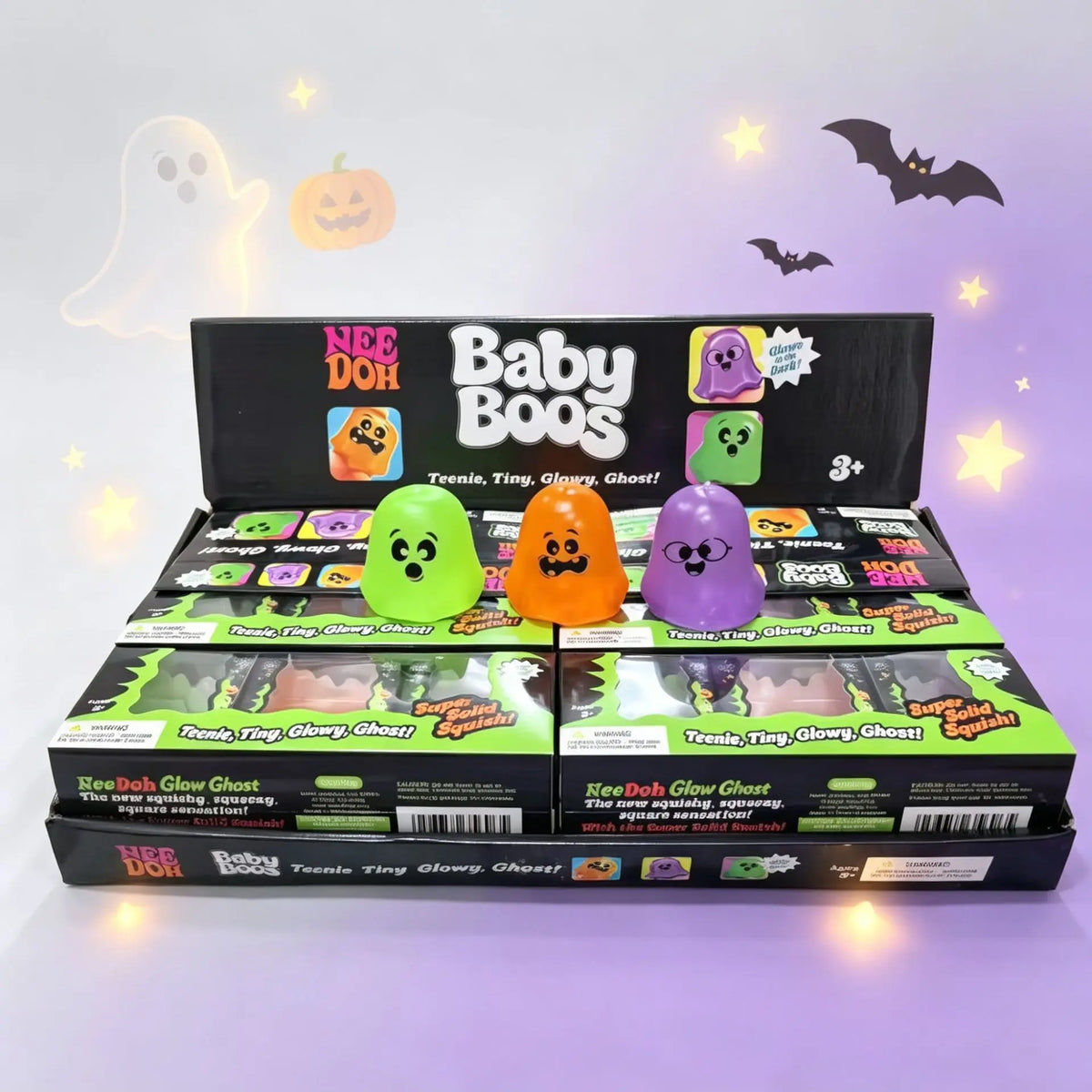 Halloween Ghost Squishy Set – Glow-in-the-Dark Purple, Orange & Green (1pc or 3pc)